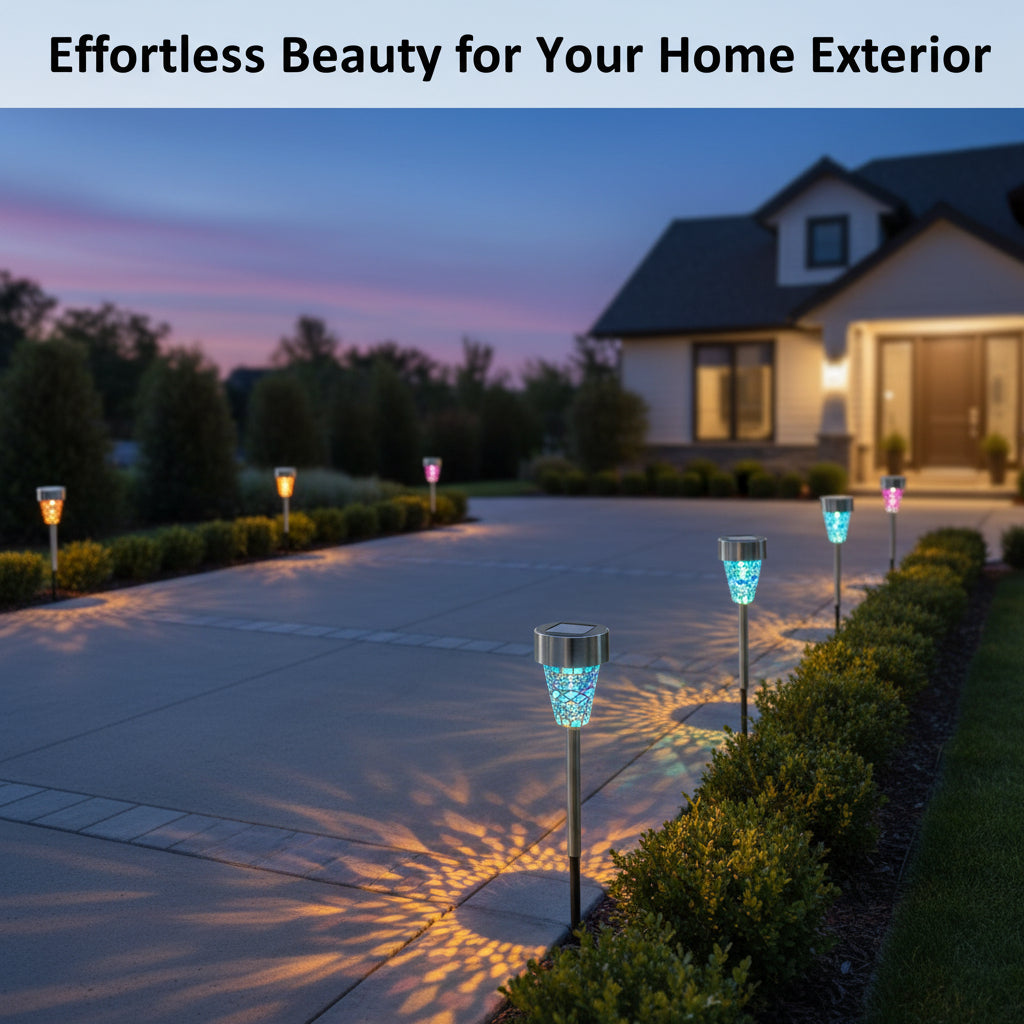 Set of six colorful solar-powered garden lights on a white background