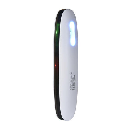 UV disinfection lamp with visual representation of UV light spectrum, alongside illustrations showing the effect of the lamp on disinfecting germs and bacteria on a brush.