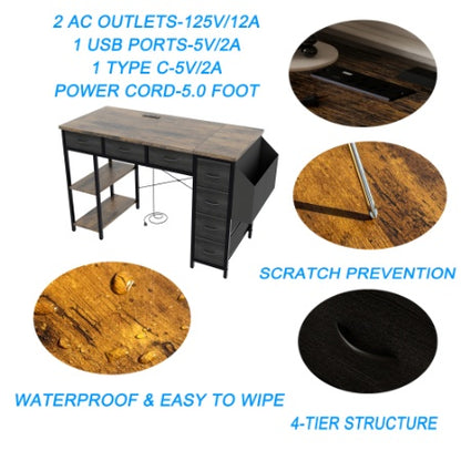 47-Inch Computer Desk with Power Outlet – Rustic Brown Writing Desk with 7 Fabric Drawers & Large Side Pocket