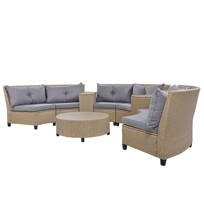U Style 6-Person Fan-Shaped Rattan Set With Cushions   Table