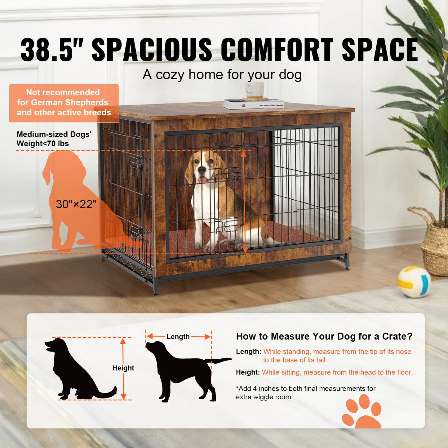 VEVOR Dog Crate Furniture, 38.6 Inch Wooden Dog Crate With Double Doors, Heavy-Duty Dog Cage End Table With Multi-Purpose Removable Tray, Modern Dog Kennel Indoor For Dogs Up To 70lb, Rustic Brown