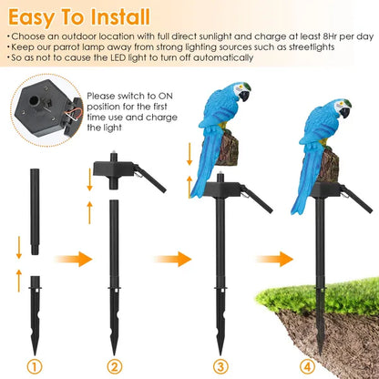 Step-by-step guide on installing a parrot lamp with blue parrots on stands.