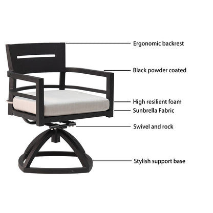 Outdoor Patio Aluminum Swivel Rocker 2PCS With Outdoor-grade Sunbrella Fabric Cushions, Ember Black