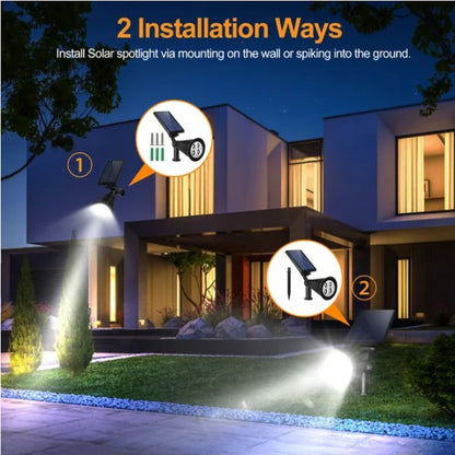 Solar spotlight installation guide with two methods on a house exterior at night.