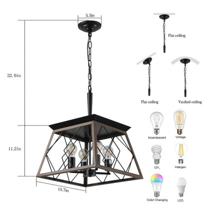 Viva Elite Farmhouse Chandelier - 4-Light Vintage Pendant with Walnut & Black Finish
