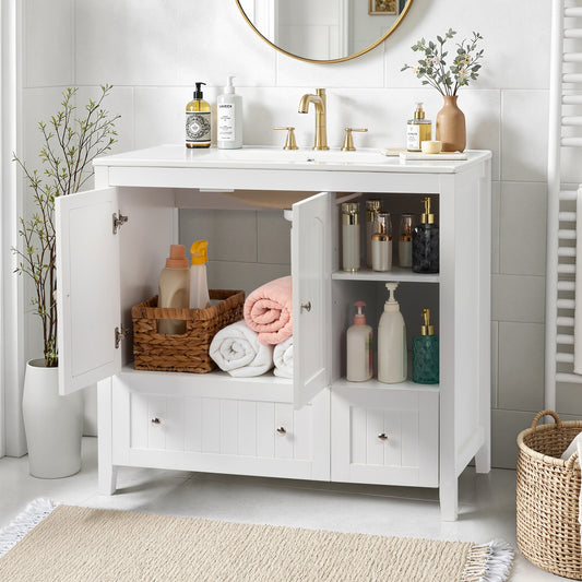 White MDF Painted Double Door Double Drawer With Masking Strip Basin Cabinet 91x46x82cm