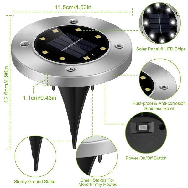 Solar-powered outdoor light with detailed specifications on a white background