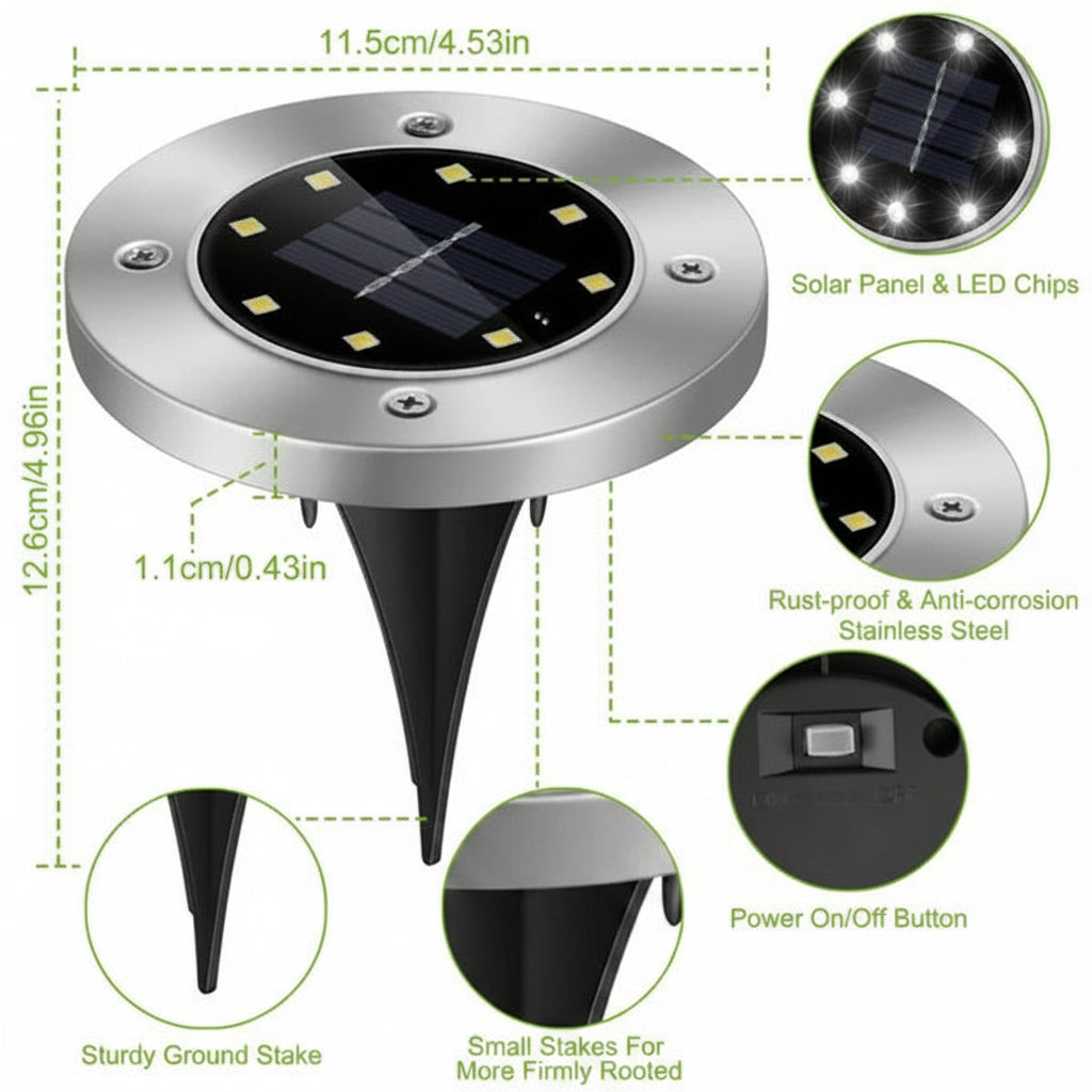 Solar-powered outdoor light with detailed specifications on a white background