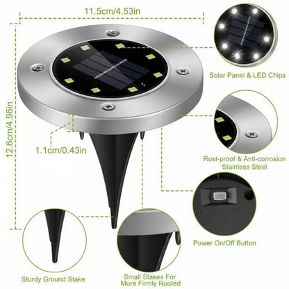 Solar-powered outdoor light with detailed specifications on a white background