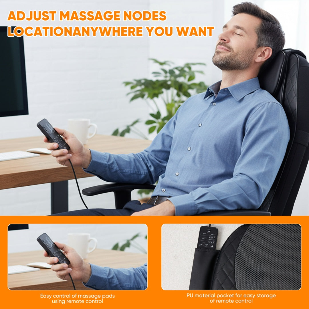 Man using a massage chair with remote control in an office setting