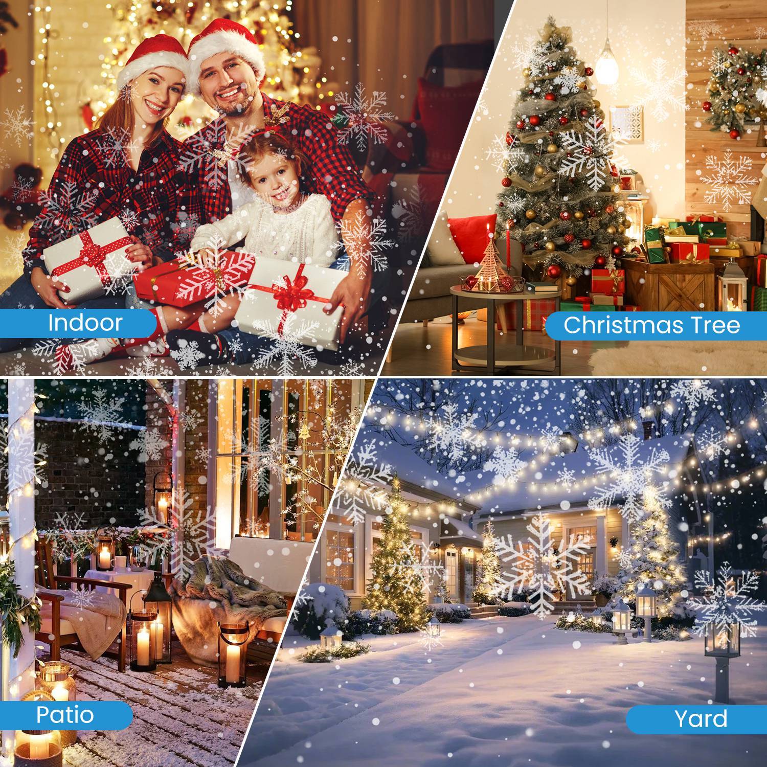 Collage of Christmas scenes including a family, decorated tree, patio, and snowy yard.
