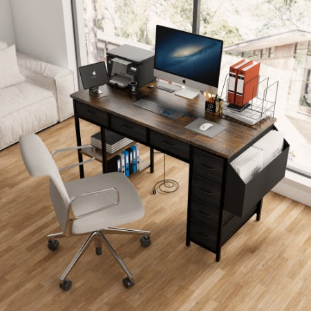 47-Inch Computer Desk with Power Outlet – Rustic Brown Writing Desk with 7 Fabric Drawers & Large Side Pocket