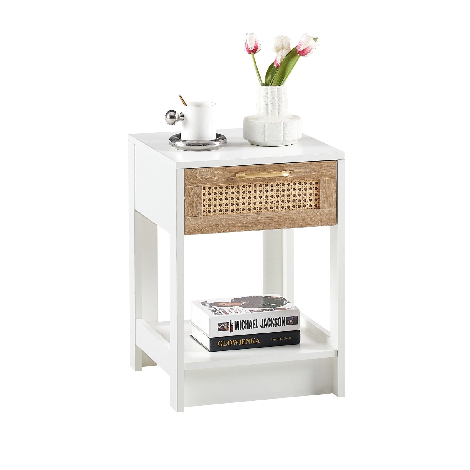 White side table with wooden drawer and decorative items on a white background