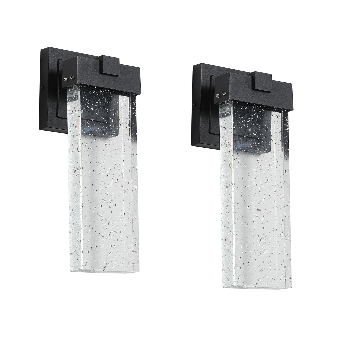 Two black outdoor wall lights with clear glass shades on a white background