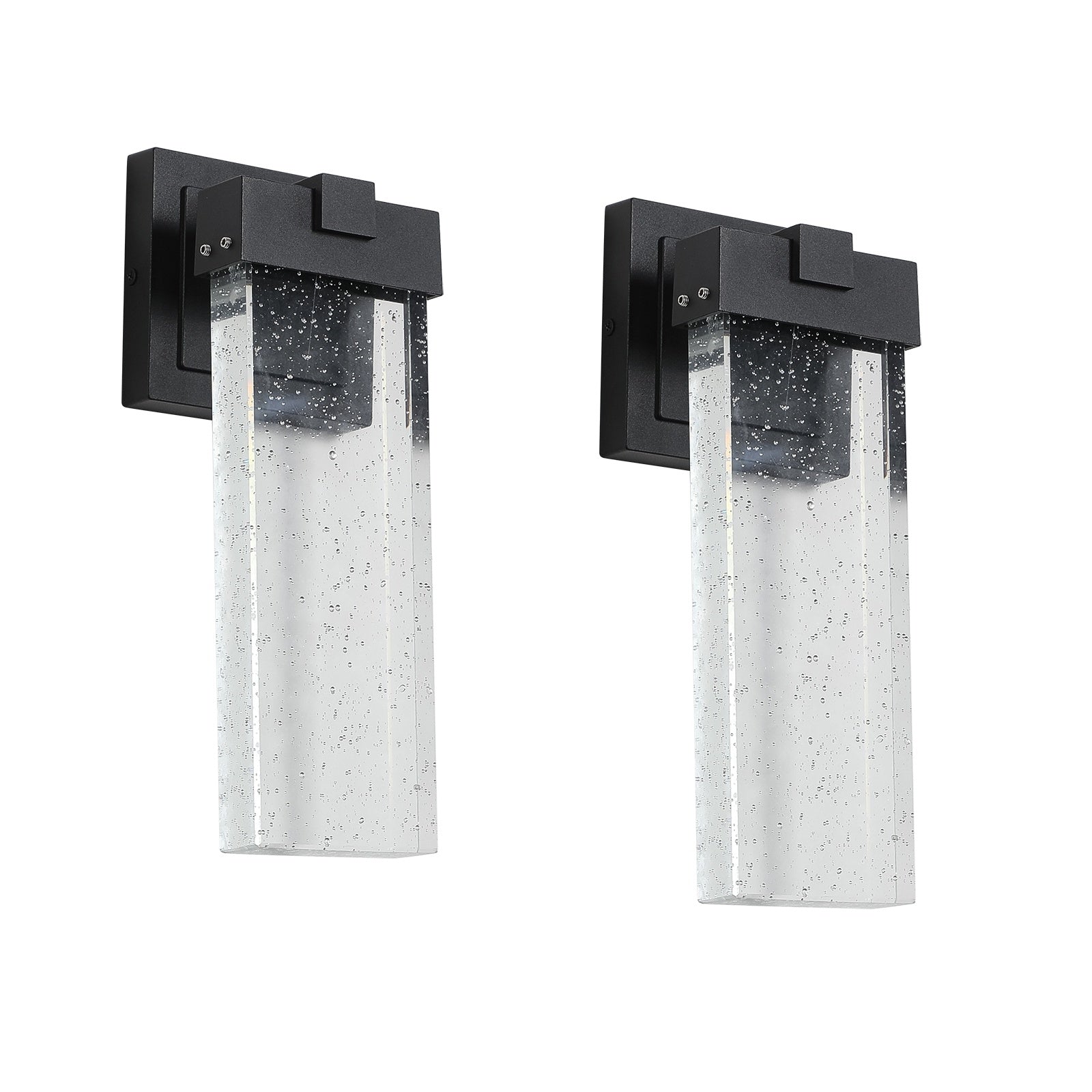 Two black outdoor wall lights with clear glass shades on a white background