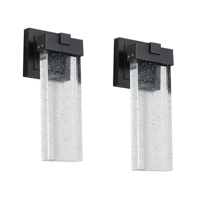 Two black outdoor wall lights with clear glass shades on a white background