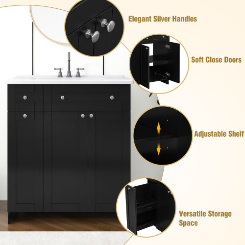 30-Inch Black Bathroom Vanity with Ceramic Sink – Sleek & Spacious Storage Solution