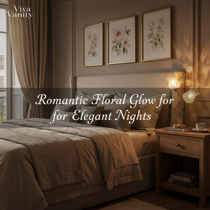 Cozy bedroom with floral decorations and warm lighting, featuring the brand 'Viva Vanity'.