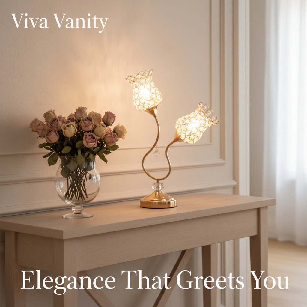 Decorative table lamp with crystal details on a dark surface