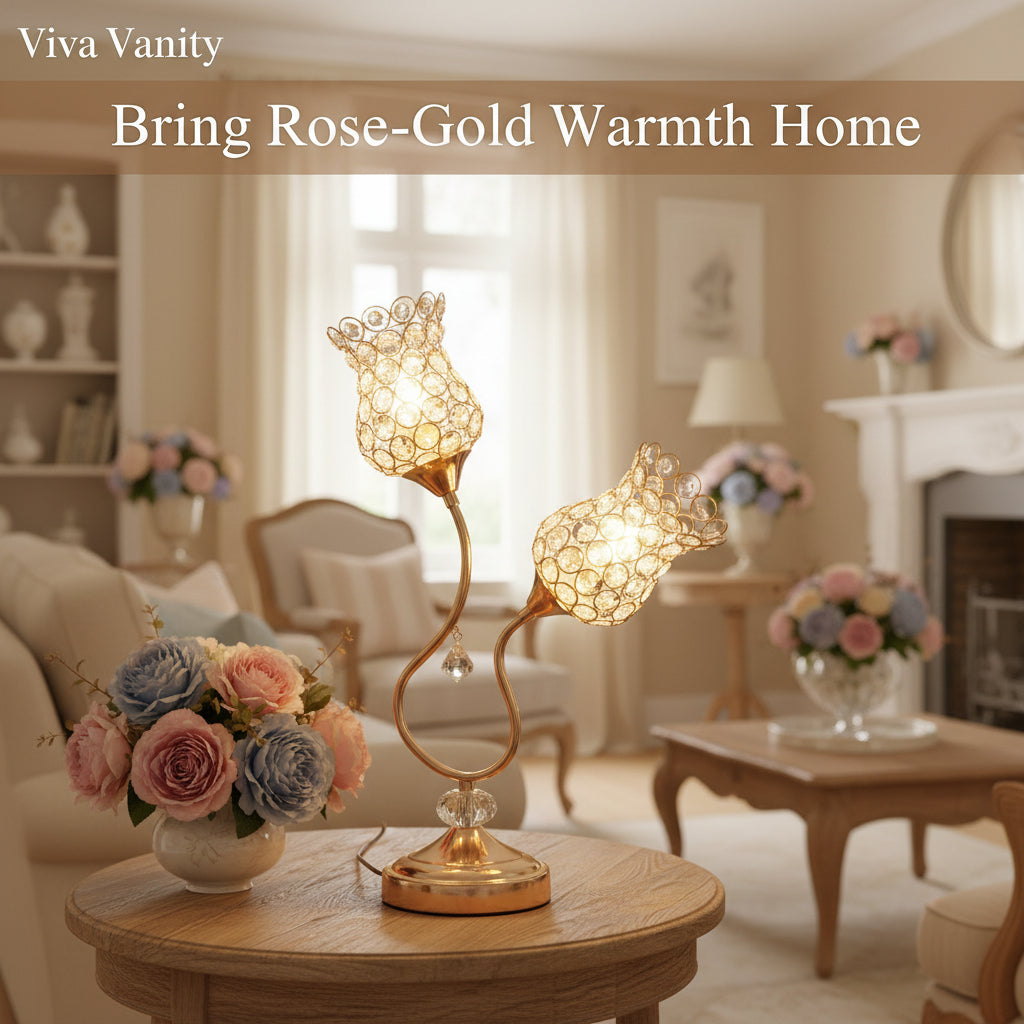 Decorative table lamp with crystal details on a dark surface