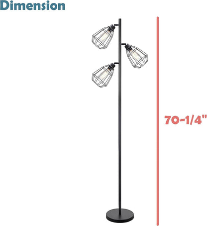 Black floor lamp with three cage-style light fixtures and a measurement indicator on a white background.