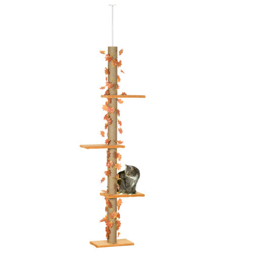 Pawhut Floor To Ceiling Cat Tree, 80- 95 Adjustable Tall Cat Tower, 3-Level Cat Climbing Towe For Indoor Cats With Sisal Scratching Post, Platforms, Leaves, Orange