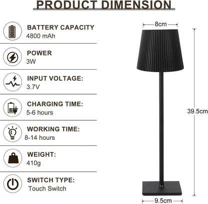 Black pleated lamp with product dimensions and specifications on a white background