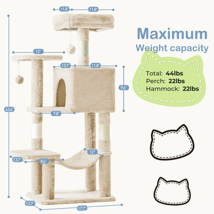 44-Inch Multi-Cat Tree Tower with Sisal Scratching Posts, Hammock & Extended Platforms
