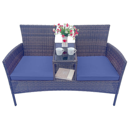 Blue & Brown Woven Patio Conversation Set with Table | Viva Marlowe