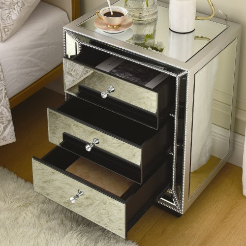 Elegant Silver Mirror Three-Drawer Cabinet – A Perfect Blend of Style and Functionality