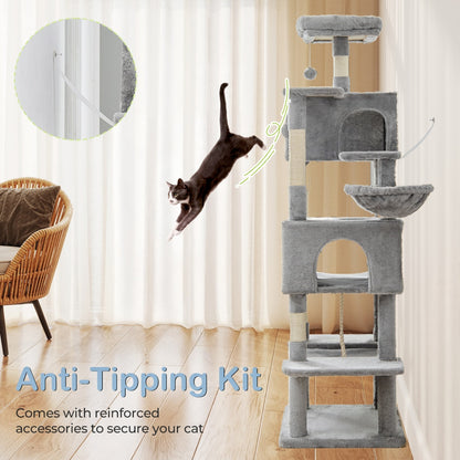 Cat climbing tower with anti-tipping kit feature, cat jumping off it, and close-up of the kit.