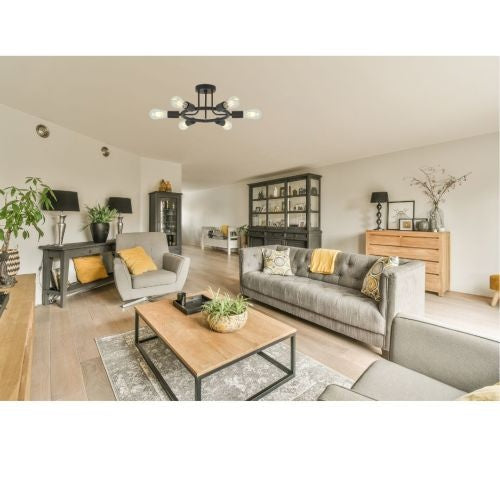 Modern 6-Light Sputnik Chandelier – Semi-Recessed Black Ceiling Light for Dining Room, Living Room & Entryway