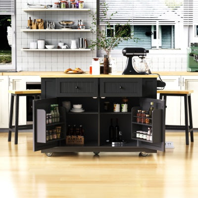 Viva Atelier Renaissance XL Large Kitchen Island Cart with Power Outlet & Bar Stools
