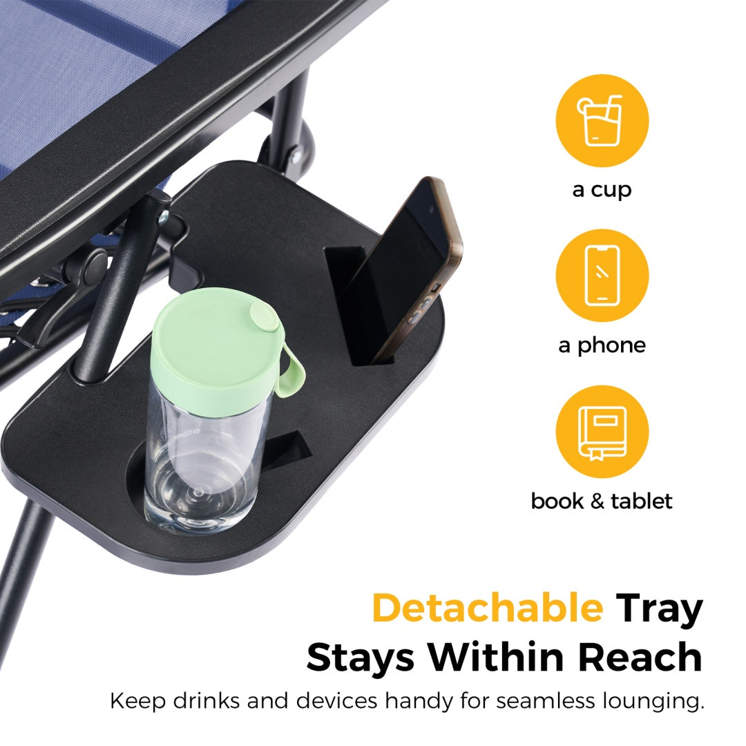 Detachable tray on a lounge chair with cup holder and phone stand, featuring icons and text about its uses.