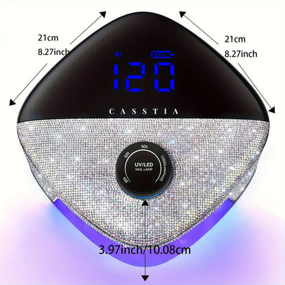 A rechargeable UV lamp for nails with a stylish black and silver design, featuring digital display and adorned with crystals around the edge 8