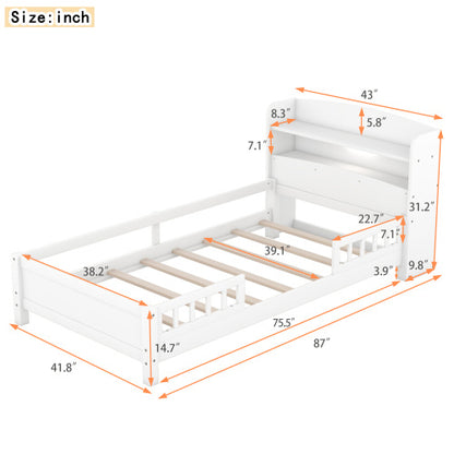 Wood Twin Size Platform Bed With Built-in LED Light, Storage Headboard And Guardrail, White