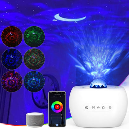 A Relic Moon Lamp projecting images of stars and the northern lights onto a ceiling, with a Bluetooth speaker connected via a smartphone. The lamp is white and has a 3D-printed moon surface.