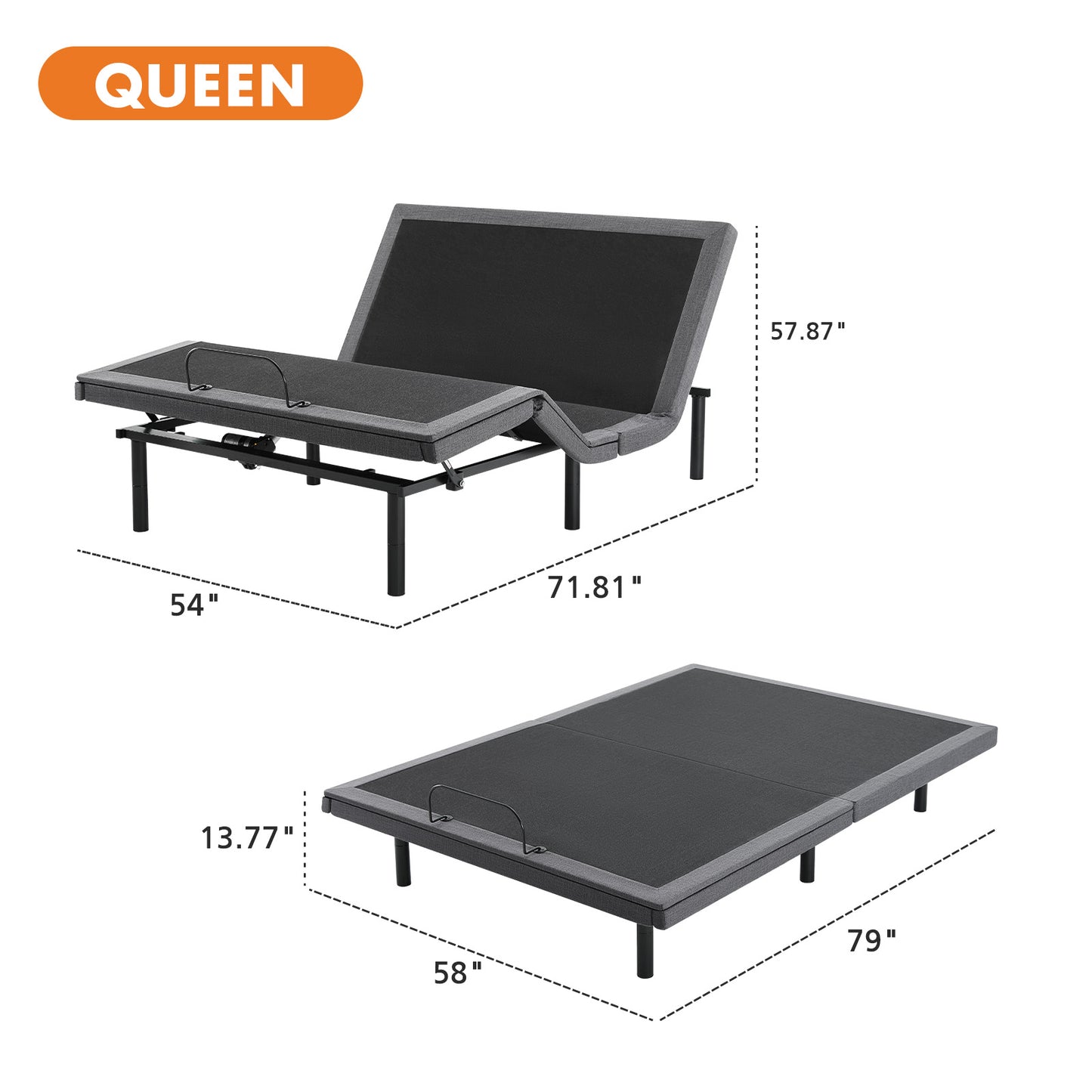 Queen size adjustable bed with dimensions on a white background