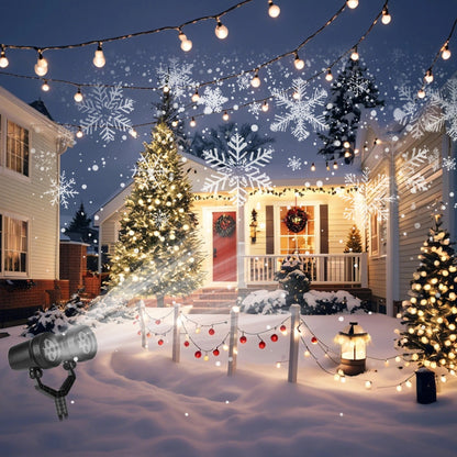 Decorated house with Christmas trees, lights, and snow effects on a snowy night.