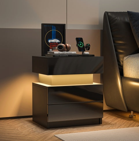 black 2-drawer LED nightstand for a modern bedroom