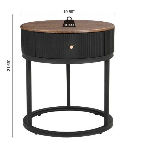 black circular nightstand with drawers