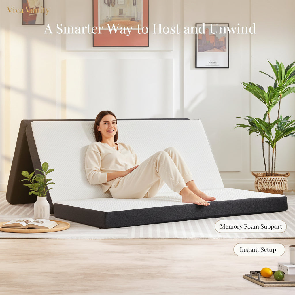 Foldable bed in a room with a plant and framed pictures on the wall.