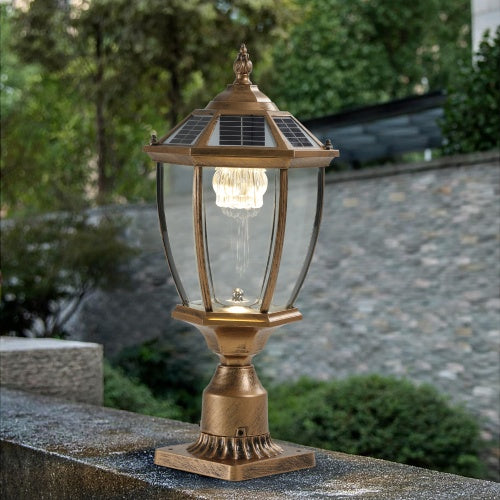Vintage Gold Solar Pillar Headlight with Dimmable LED – Elegant Outdoor Lighting Solution