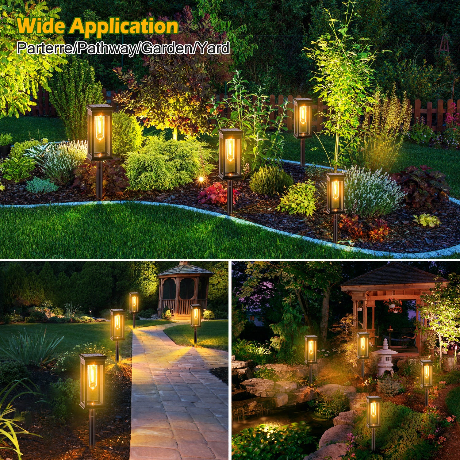 Garden lights illuminating a garden, pathway, and pond with text 'Wide Application: Parterre/Pathway/Garden/Yard'.