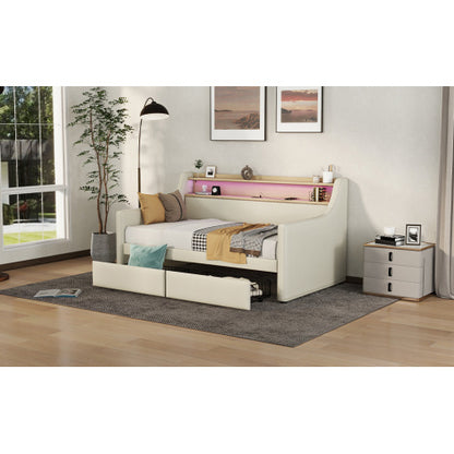 Twin Size Upholstered Daybed with Storage Drawers, LED Lights & Charging Station – Elegant Multifunctional Comfort