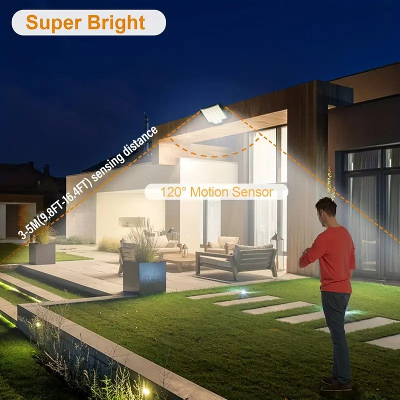 Person standing in a garden with a house in the background, featuring text about super bright lighting and motion sensor.