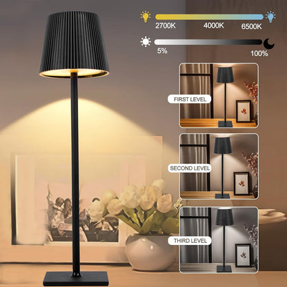 Black floor lamp with dimmer control options and light color temperature settings in a home setting.