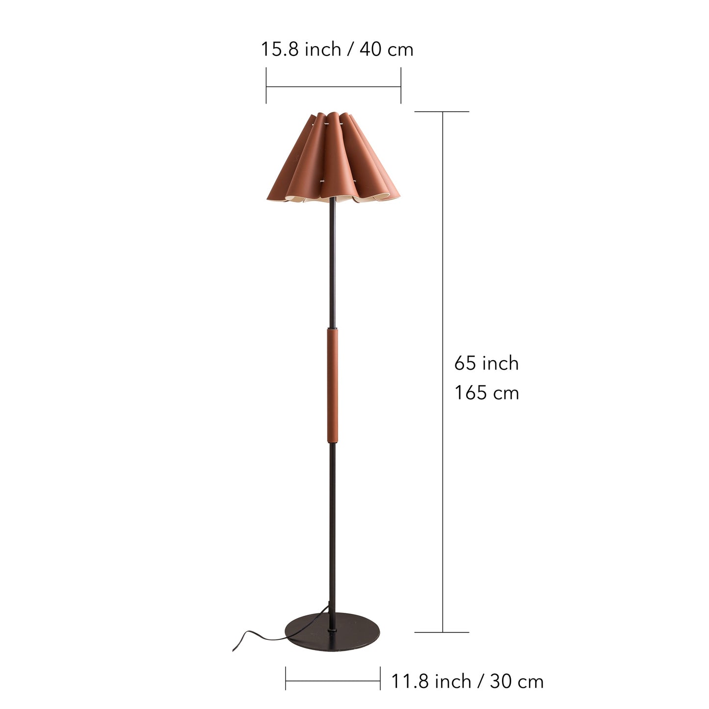 Floor lamp with dimensions indicated on a white background