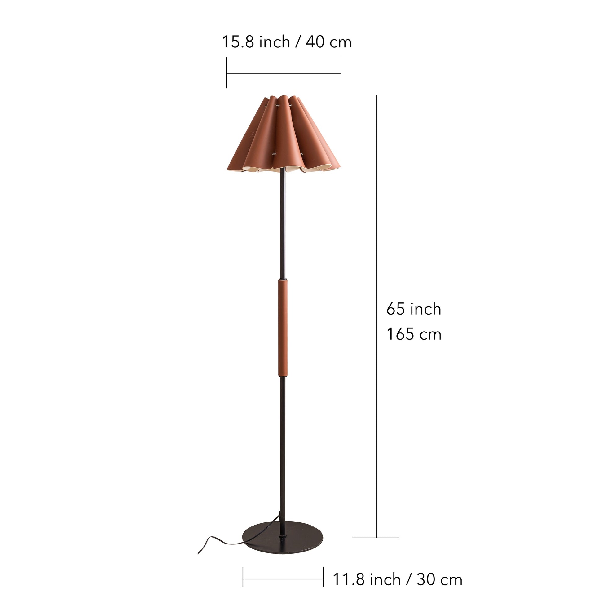Floor lamp with dimensions indicated on a white background