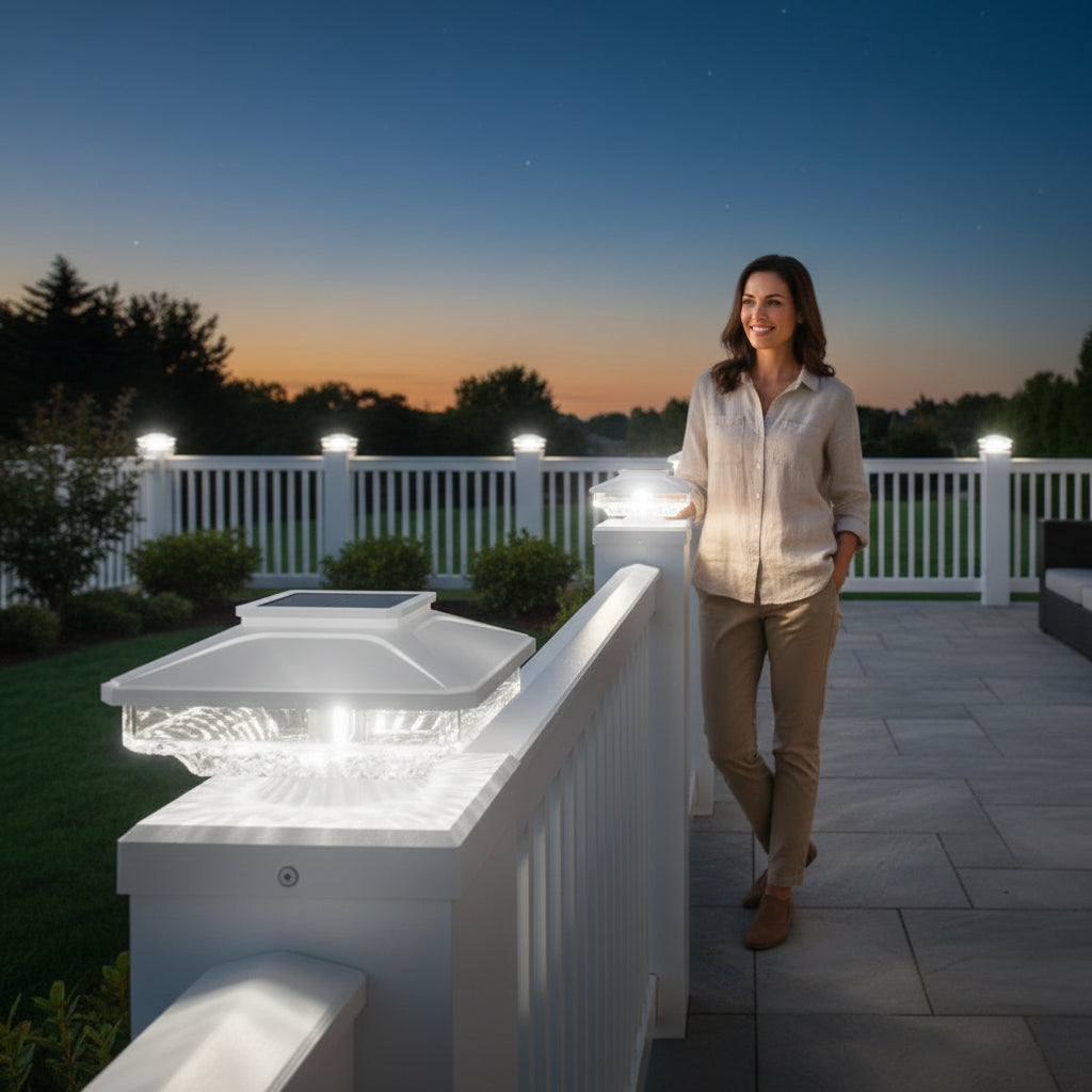 Solar-powered outdoor lights on steps with a blurred background